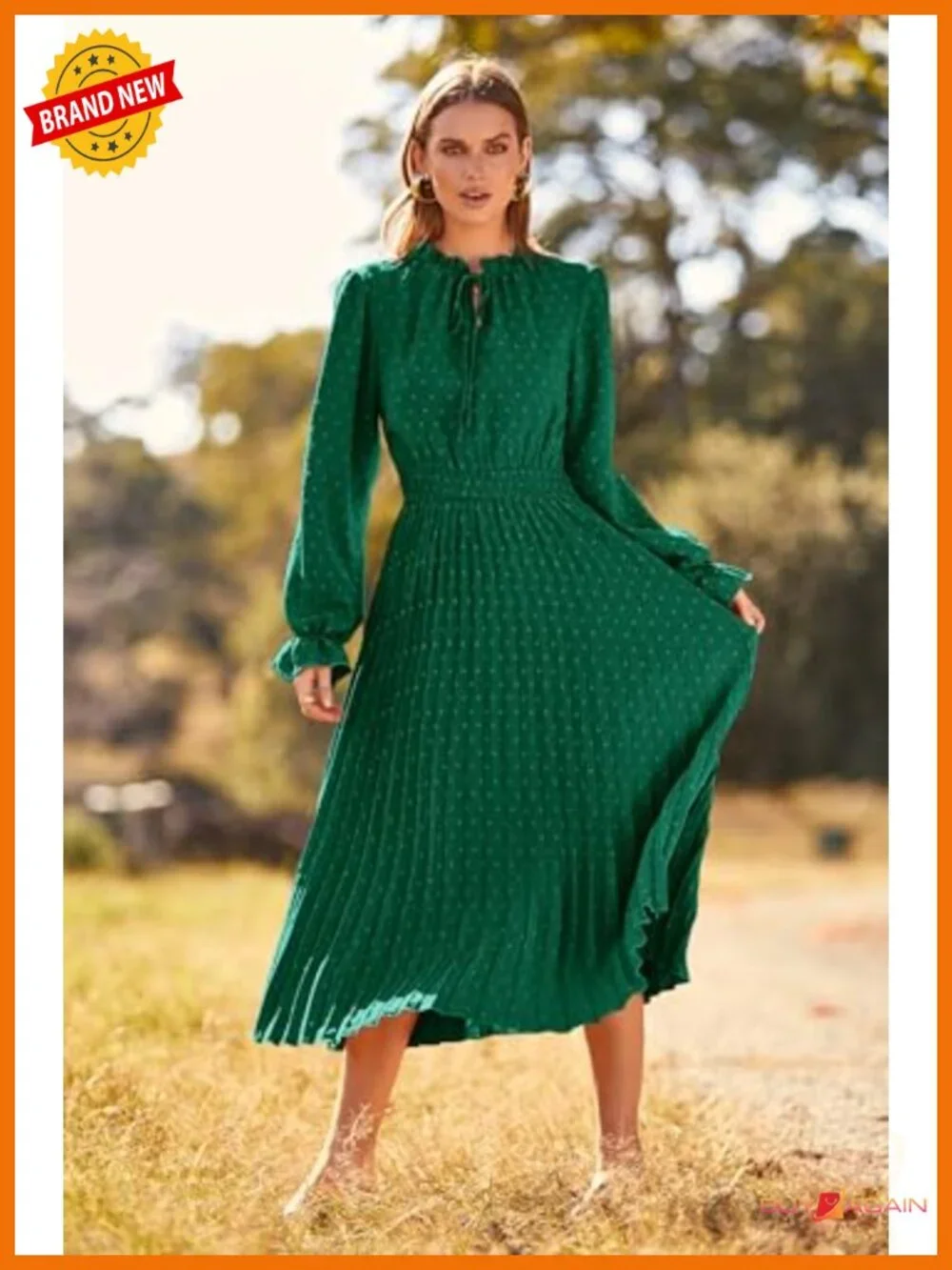 PRETTYGARDEN Women's Swiss Dot Midi Dress Long Sleeve V Neck Casual